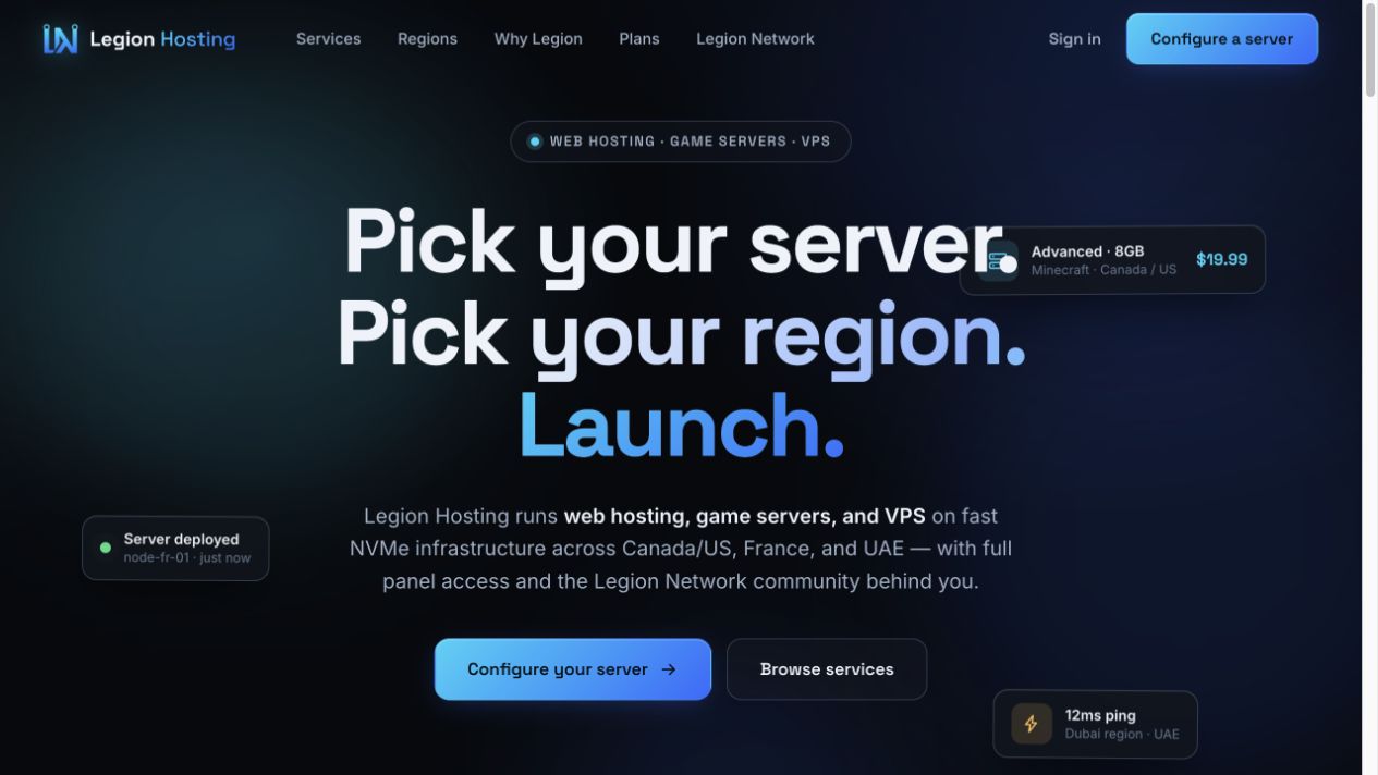 Legion Hosting storefront with a server configuration call to action and regional hosting introduction.
