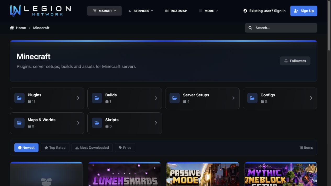 Legion Market's Minecraft category interface with subcategory navigation, sorting controls, and product cards.