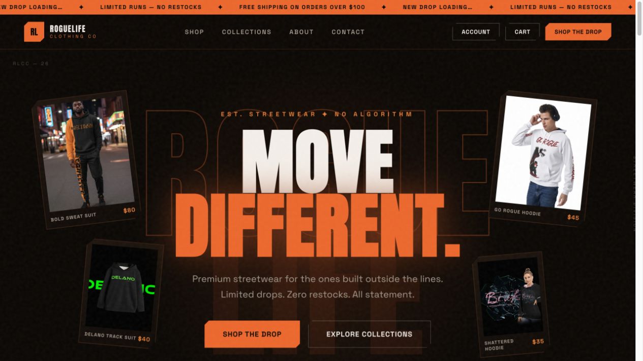 RogueLife Clothing Co. storefront with orange typography, apparel photography, and links to shop and browse collections.